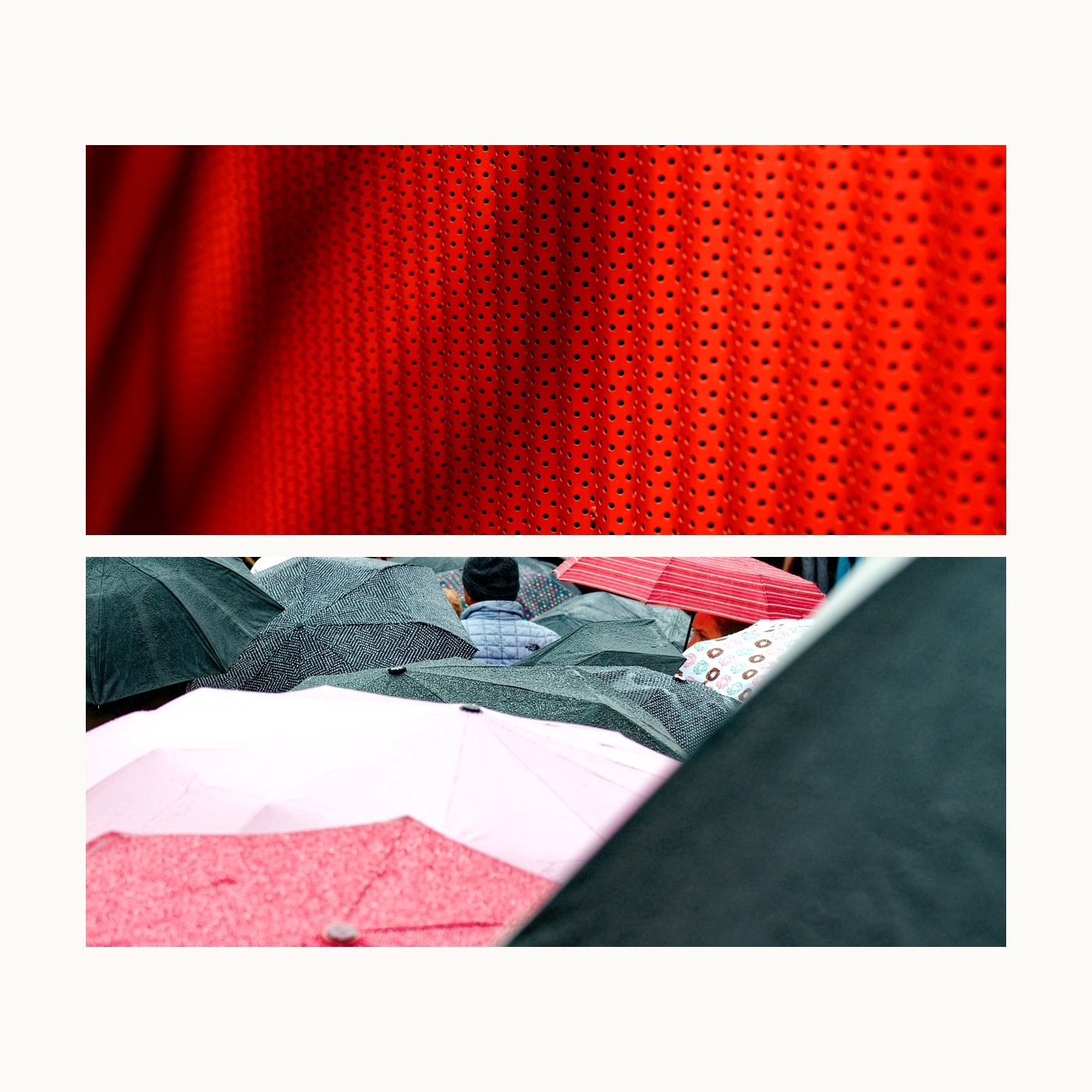 A square matte diptych pairing a red perforated texture with umbrellas in the rain.