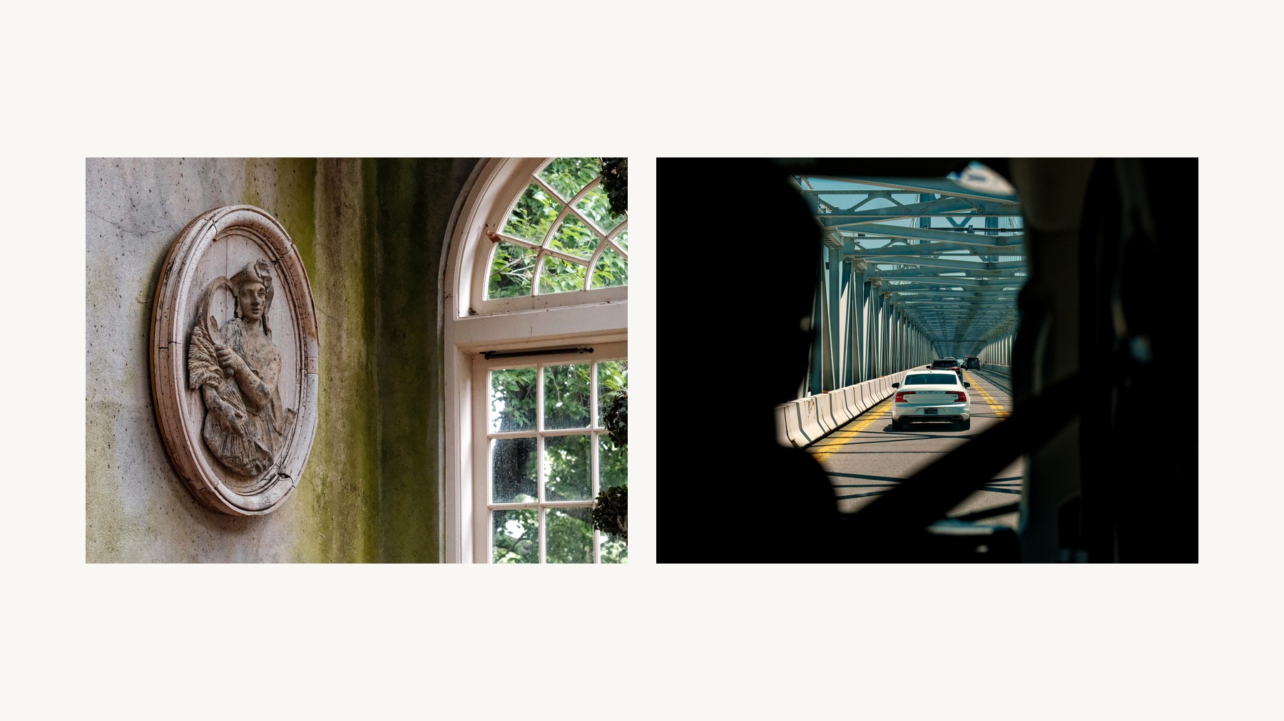 A wide matte diptych pairing a garden room window with a bridge view framed from inside a vehicle.